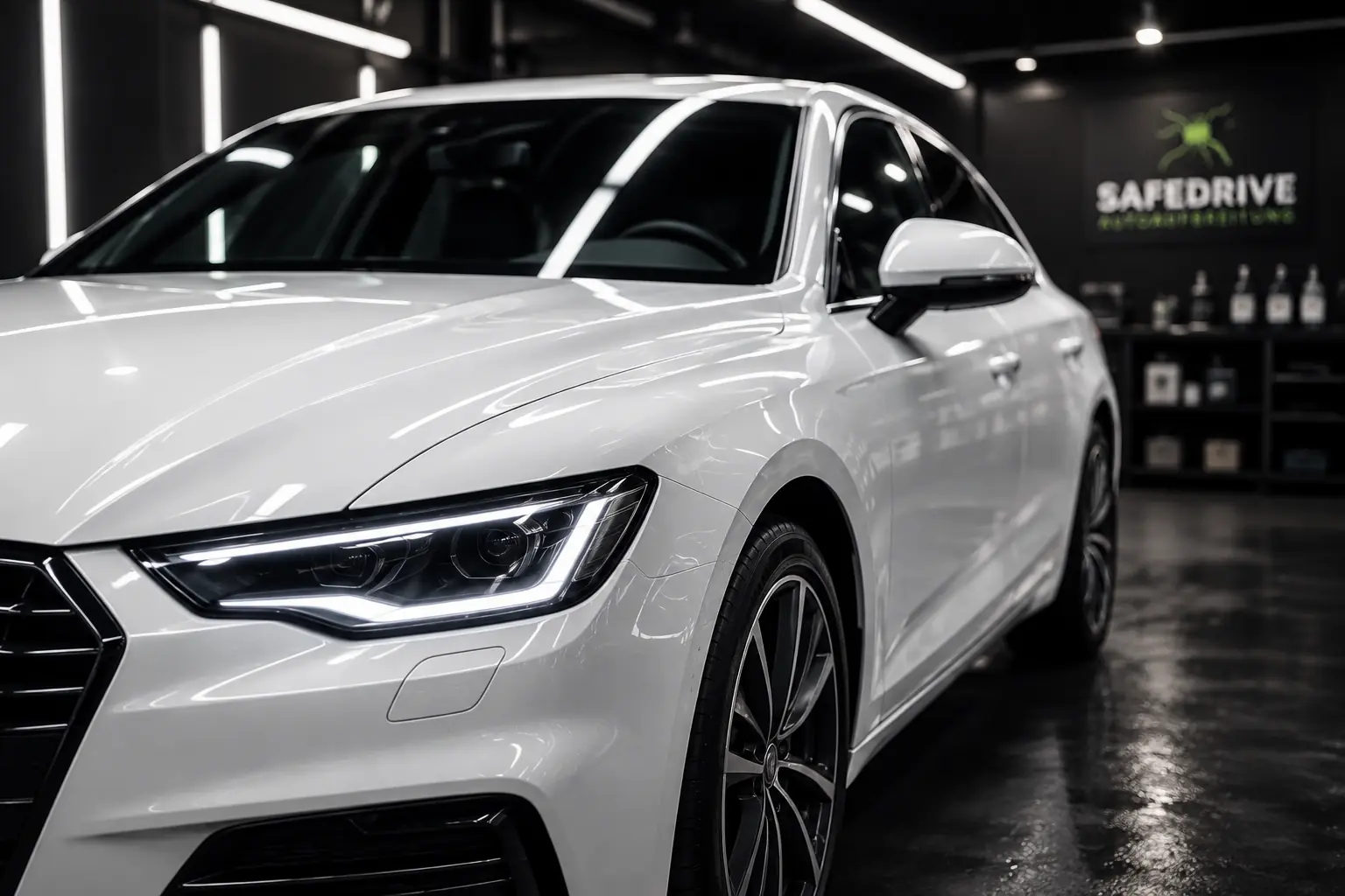 weißes auto in der werkstatt